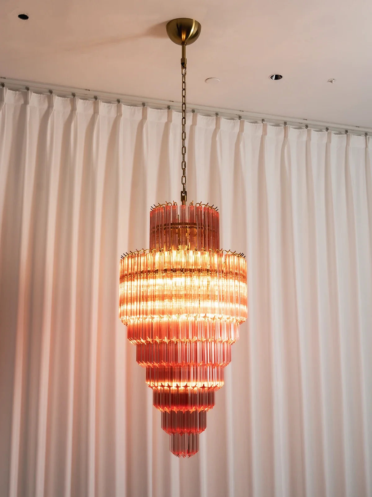 Pink Tiered Fluted Glass Waterfall Chandelier – Romantic Cascading Ceiling Light for Bedroom & Dining Room