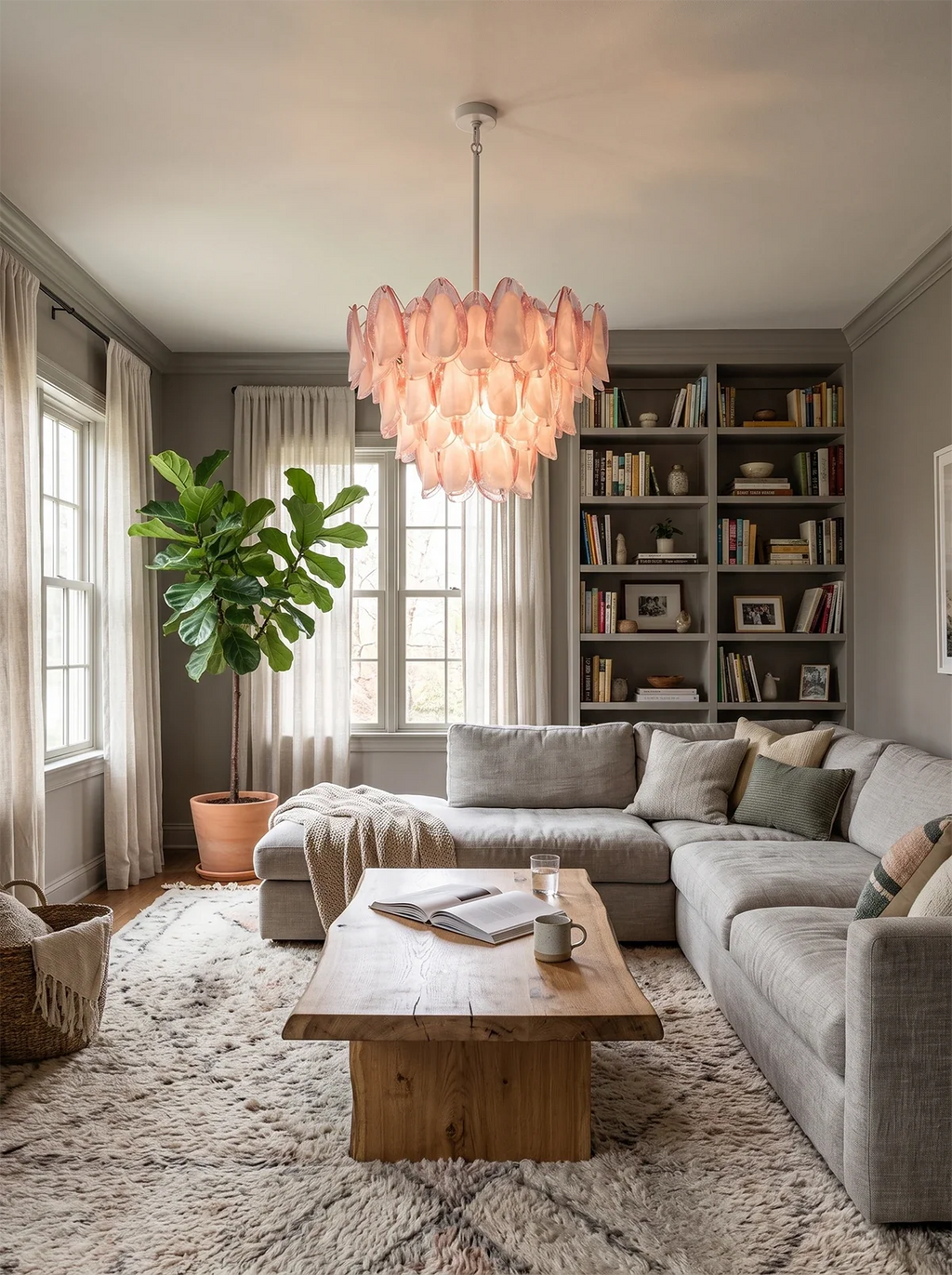 Pink Glass Petal Chandelier – Rosalind Floral Ceiling Light for Dining Room & Bedroom