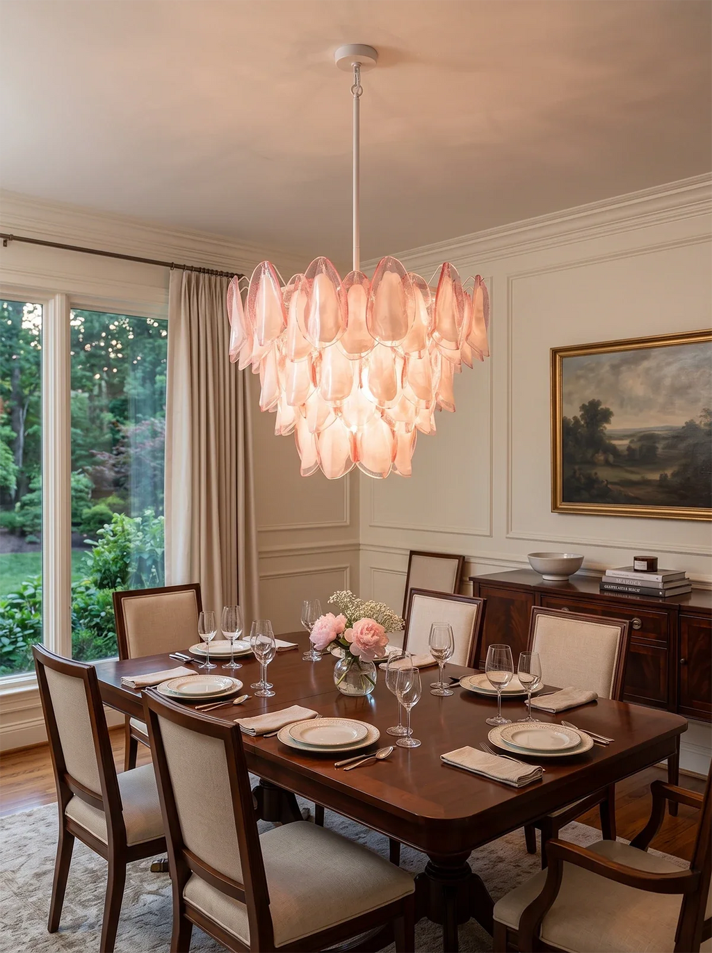 Pink Glass Petal Chandelier – Rosalind Floral Ceiling Light for Dining Room & Bedroom