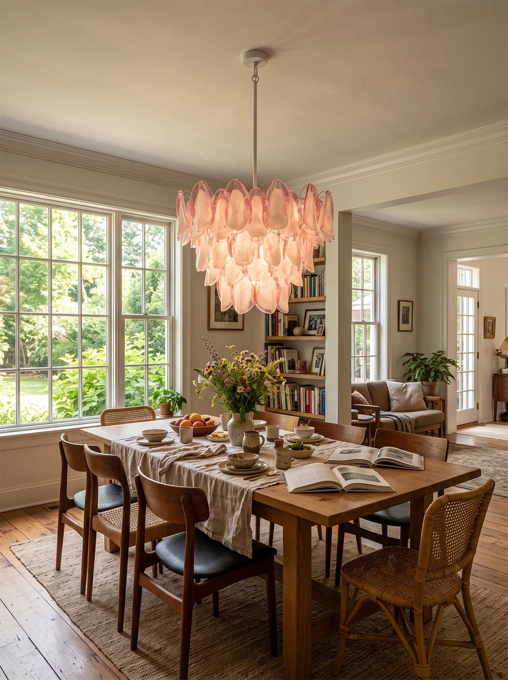 Pink Glass Petal Chandelier – Rosalind Floral Ceiling Light for Dining Room & Bedroom