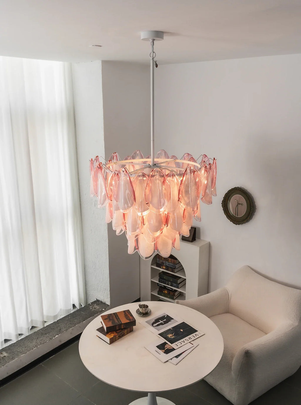 Pink Glass Petal Chandelier – Rosalind Floral Ceiling Light for Dining Room & Bedroom