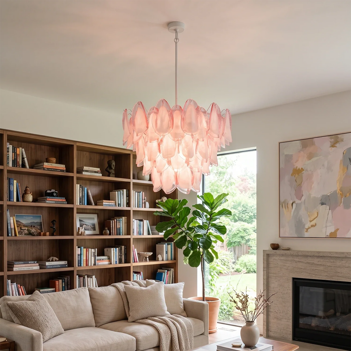 Pink Glass Petal Chandelier – Rosalind Floral Ceiling Light for Dining Room & Bedroom