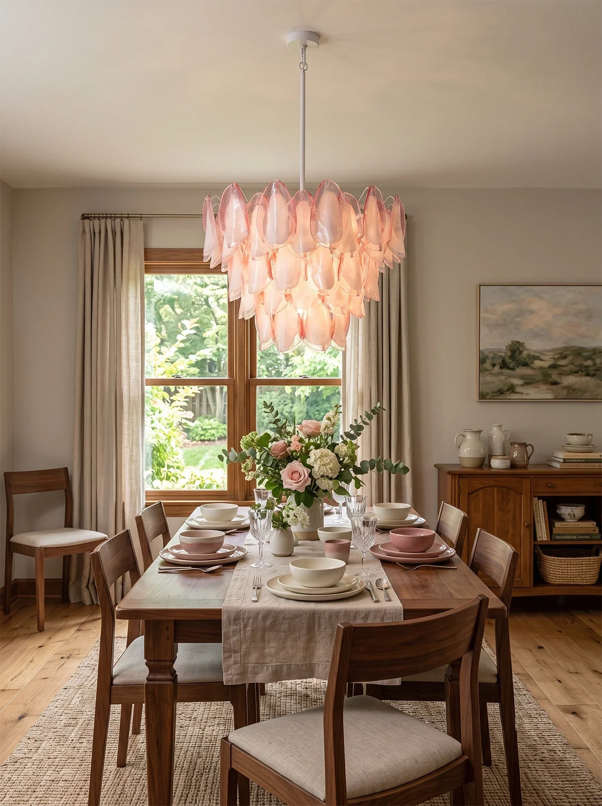 Pink Glass Petal Chandelier – Rosalind Floral Ceiling Light for Dining Room & Bedroom