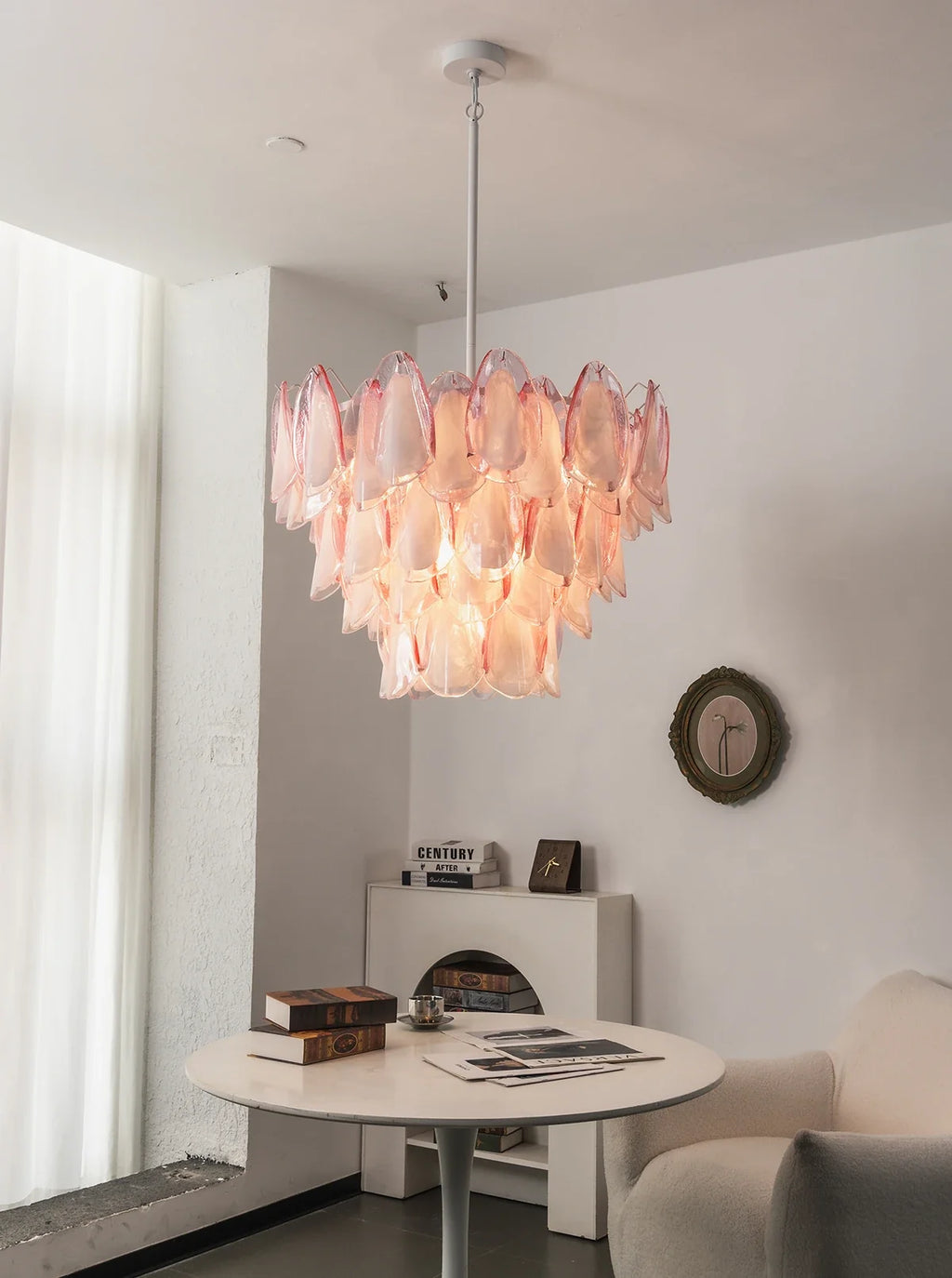 Pink Glass Petal Chandelier – Rosalind Floral Ceiling Light for Dining Room & Bedroom