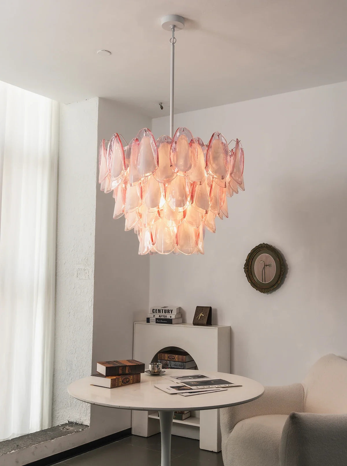 Pink Glass Petal Chandelier – Rosalind Floral Ceiling Light for Dining Room & Bedroom