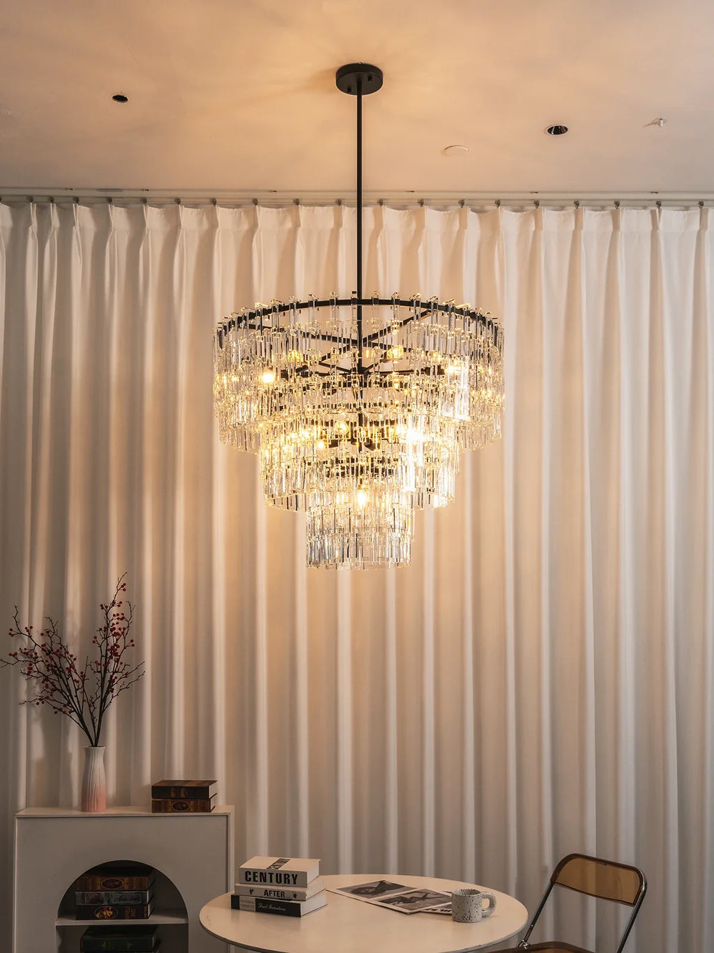 Tiered Clear Crystal Rod Chandelier – Modern Glam Ceiling Light for Dining Room & Living Room
