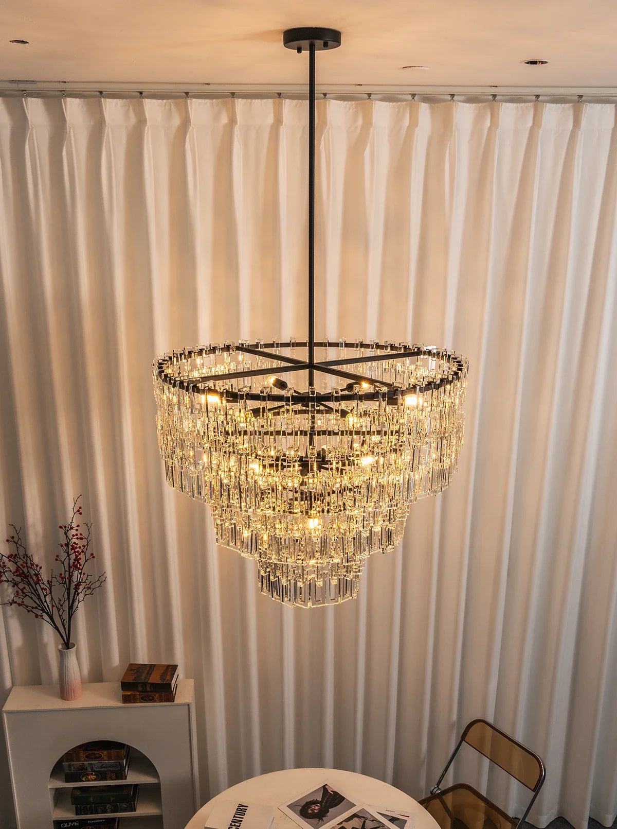 Tiered Clear Crystal Rod Chandelier – Modern Glam Ceiling Light for Dining Room & Living Room