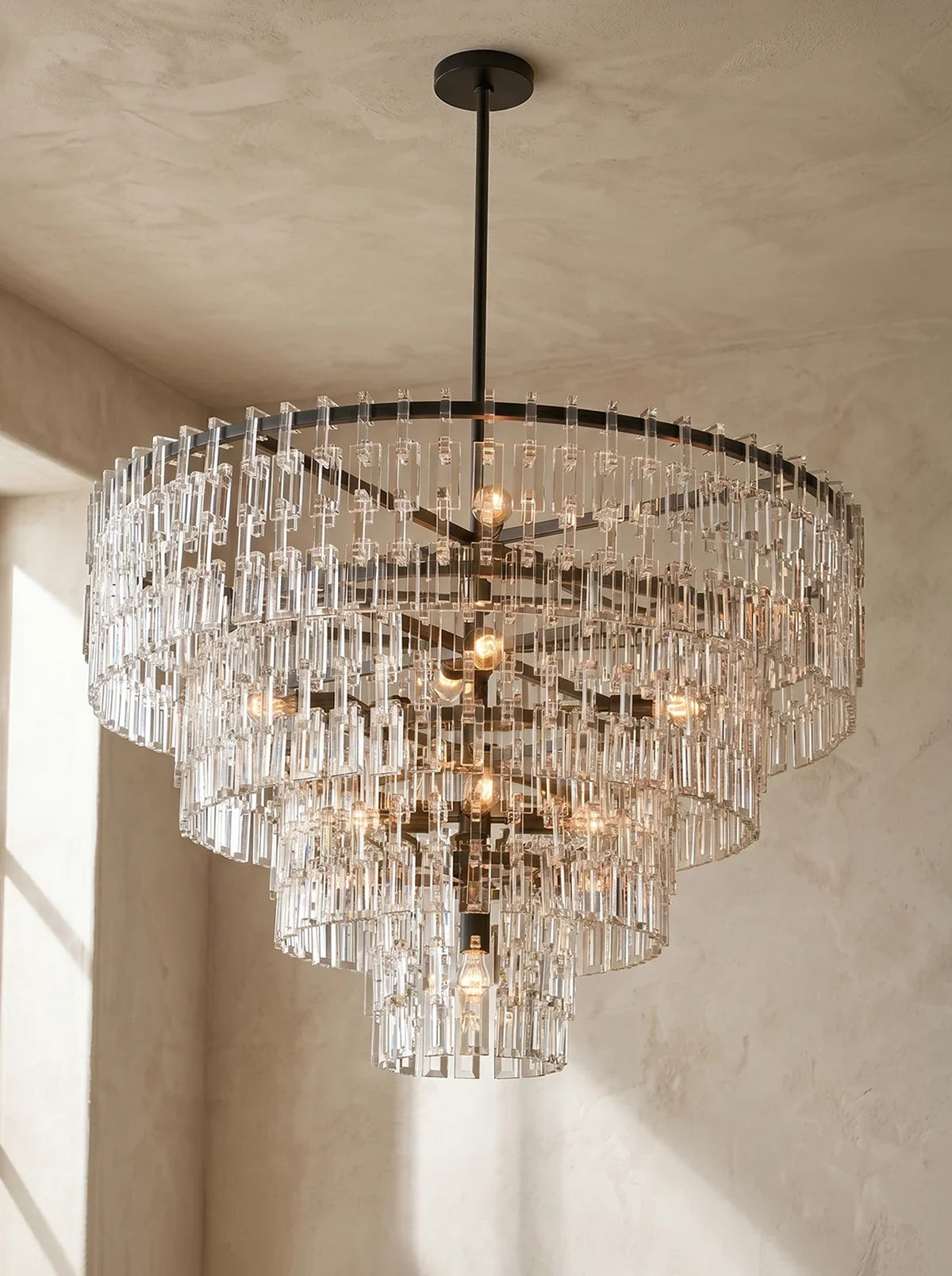 Tiered Clear Crystal Rod Chandelier – Modern Glam Ceiling Light for Dining Room & Living Room