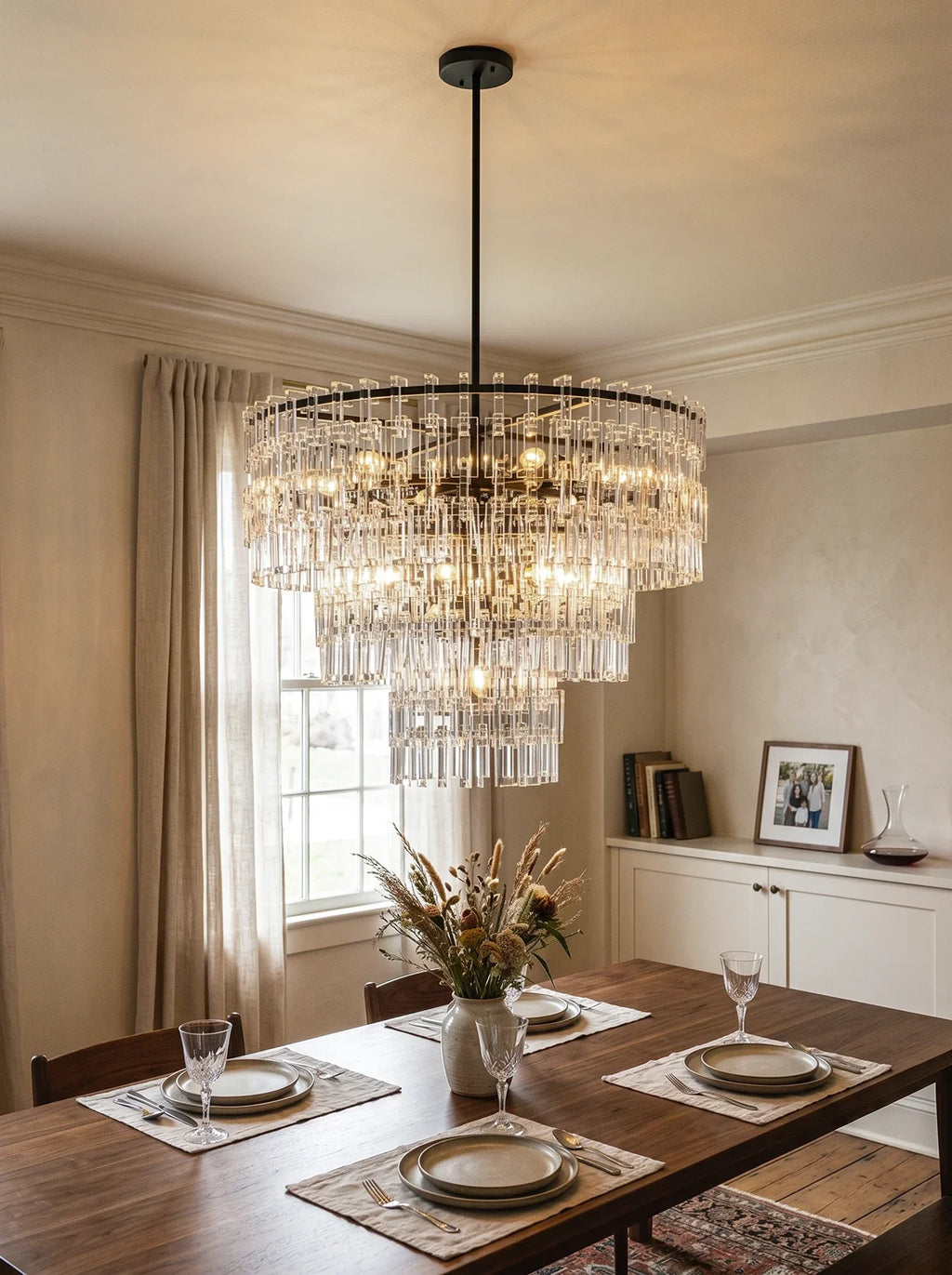 Tiered Clear Crystal Rod Chandelier – Modern Glam Ceiling Light for Dining Room & Living Room