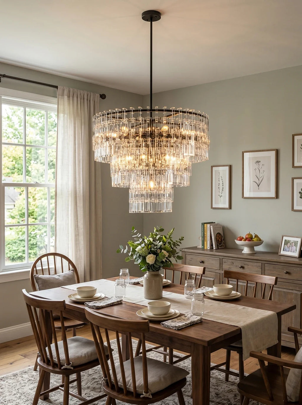 Tiered Clear Crystal Rod Chandelier – Modern Glam Ceiling Light for Dining Room & Living Room
