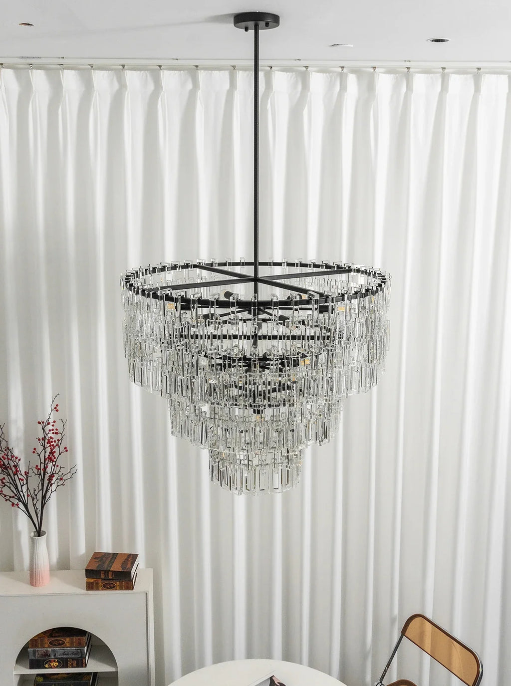 Tiered Clear Crystal Rod Chandelier – Modern Glam Ceiling Light for Dining Room & Living Room