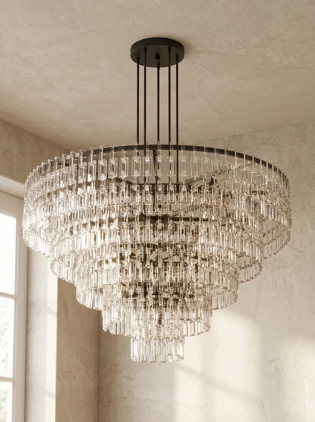 Tiered Clear Crystal Rod Chandelier – Modern Glam Ceiling Light for Dining Room & Living Room