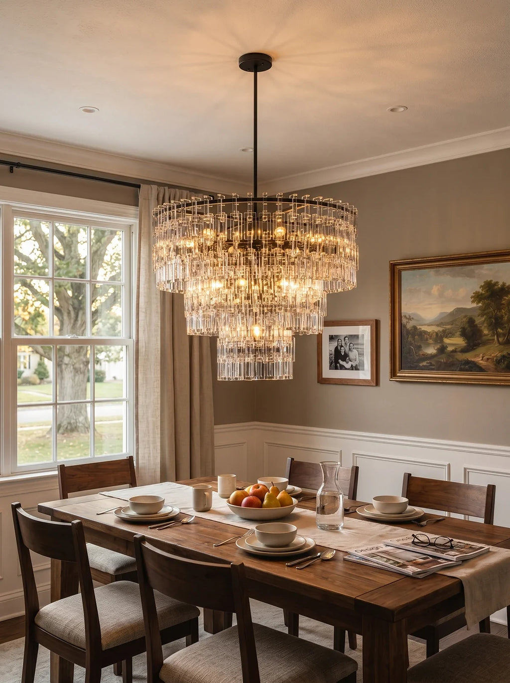 Tiered Clear Crystal Rod Chandelier – Modern Glam Ceiling Light for Dining Room & Living Room