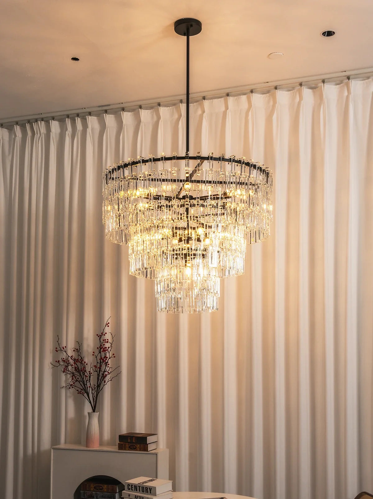 Tiered Clear Crystal Rod Chandelier – Modern Glam Ceiling Light for Dining Room & Living Room