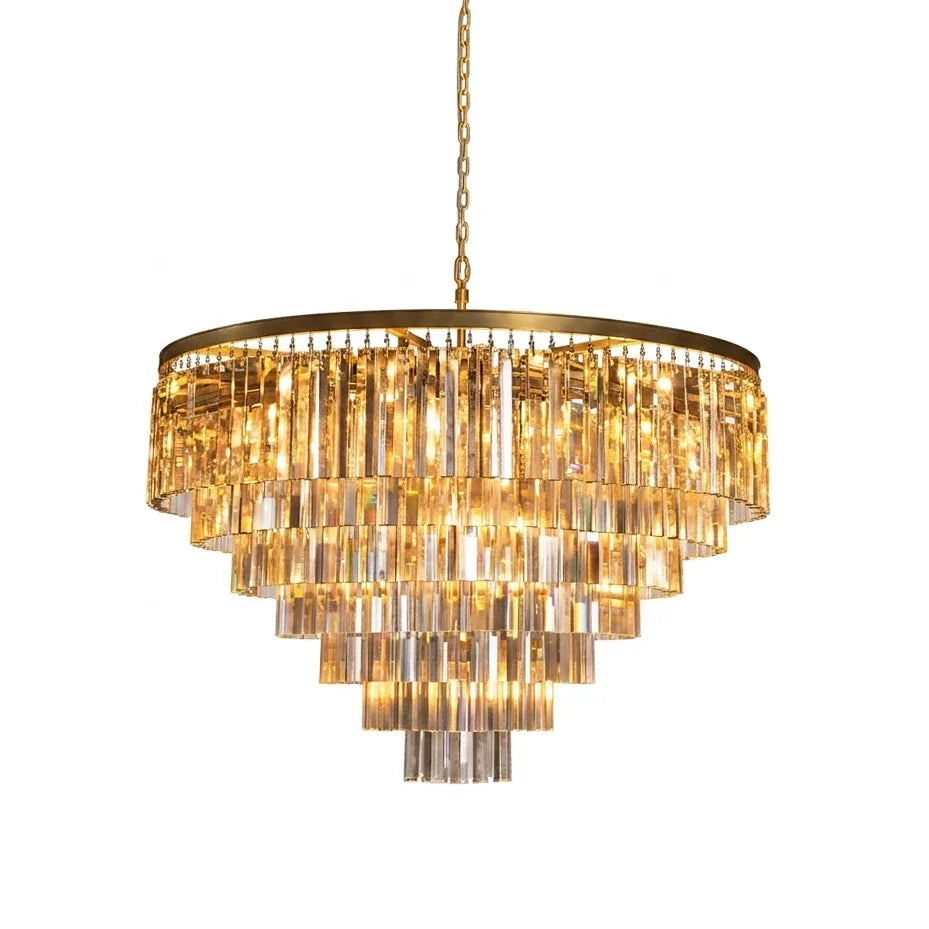 Tiered Crystal Round Brass Chandelier – Classic Glam Ceiling Light for Dining Room & Entryway