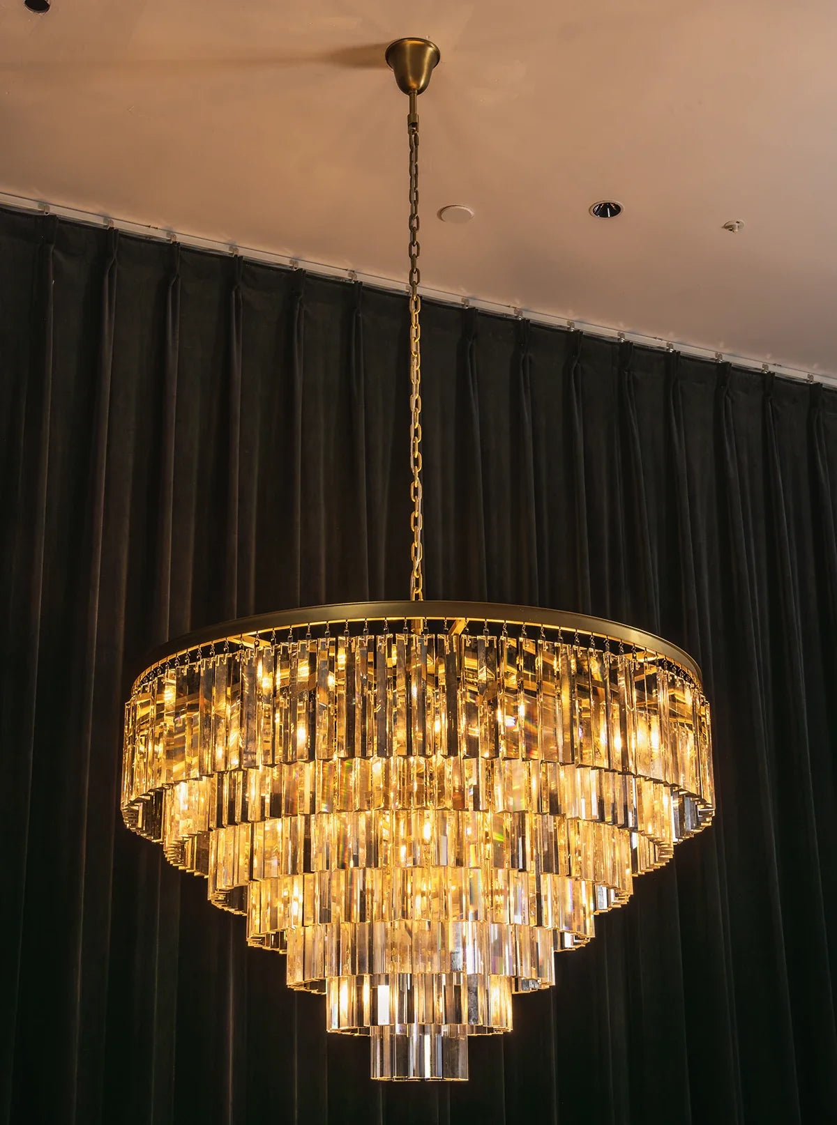 Tiered Crystal Round Brass Chandelier – Classic Glam Ceiling Light for Dining Room & Entryway