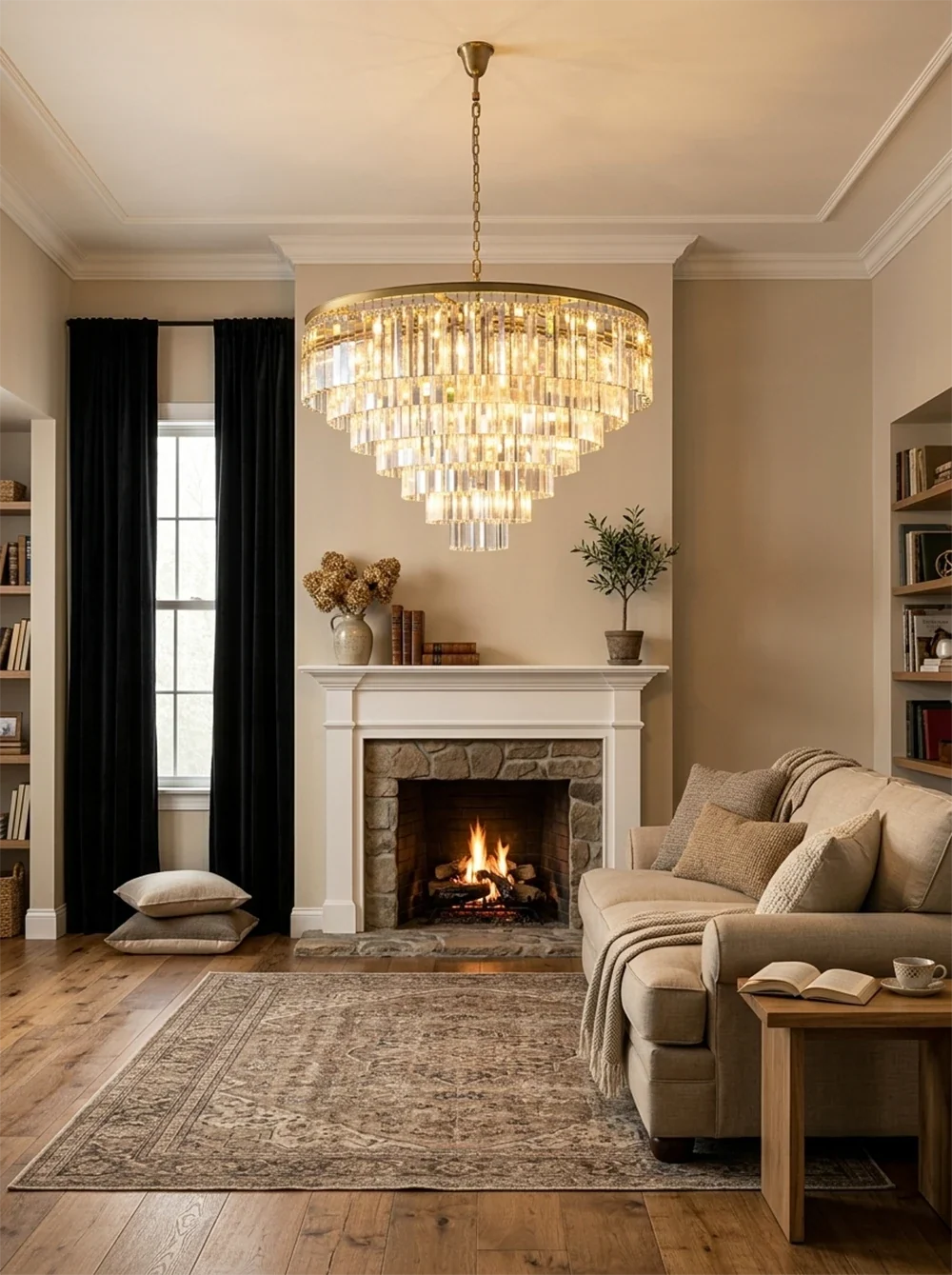 Tiered Crystal Round Brass Chandelier – Classic Glam Ceiling Light for Dining Room & Entryway