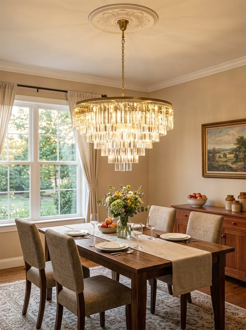 Tiered Crystal Round Brass Chandelier – Classic Glam Ceiling Light for Dining Room & Entryway